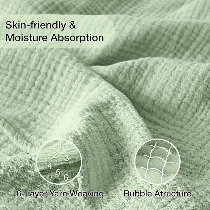 100% Cotton Muslin Blanket Large 50" x 70", 6 Layers Breathable and Lightweight Cotton Throw Blanket for Bed and Couch, Soft Quilt Bedspread, Gauze Blanket for Adults All Season, Sage Green