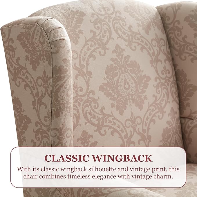 HUIMO Printed Wingback Accent Chair, Linen Upholstered High Back Armchair, Comfy Reading Chair for Living Room Bedroom Study, 300lbs Weight Capacity (2, Brown Floral)