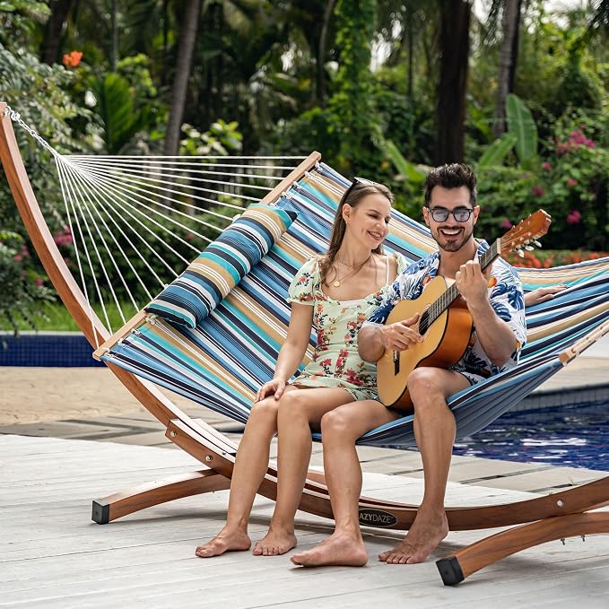 Lazy Daze Hammocks 12 FT Quilted Fabric Double Hammock with Spreader Bars and Detachable Pillow, 450lbs Weight Capacity - Image 2