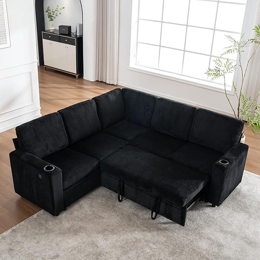 Eafurn 84" Sectional Sleeper Sofa with Pull Out Bed, L-Shaped Modular Corner Sofa with Hidden Storage, Cup Holders & USB Ports, Comfy Corduroy Fabric Convertible Couch for Living Room, Apartment | Breathable material, Side Pockets