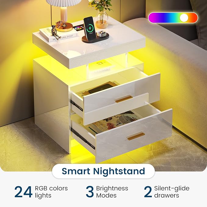 HNEBC Auto LED Nightstand with Wireless Charging Station & USB Ports,High Gloss Bedside Tables with 2 Drawers,Floating Nightstand with 3 Color & Adjustable Brightness for Bedroom,White - Image 5