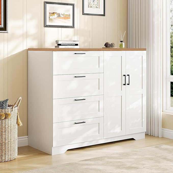 IDEALHOUSE 43.3'' H Armoire Wardrobe Closet with 4 Drawers and 2 Doors, Hanging Rod, Multifunctional Wooden Dresser with Storage Closet, Bathroom Cabinet for Bedroom, White