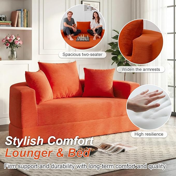 Casaphoria Convertible Sofa Bed,67'' Fold Out Sleeper Sofa with Pillows for Small Space,Multi-Functional Futon Couch for Living Room,Apartment,Guest Room(Orange)