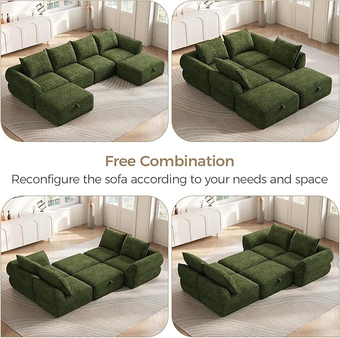 132" Modular Sectional Sofa with Deep Seat, U-Shaped Cloud Couch for Living Room, 4-Seater Boneless Sofa with 2 Ottomans, Flexible Combination Modern Upholstery Sofa, No Assembly Required, Algae Green