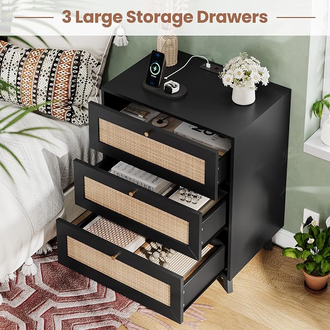 VIAGDO Black Rattan Nightstand Set of 2 with Charging Station, Natural Rattan Night Stand with 3 Large Wicker Decorated Drawers, Boho Bedside Table, End Side Table, 3 Drawer Dresser for Bedroom - Image 3