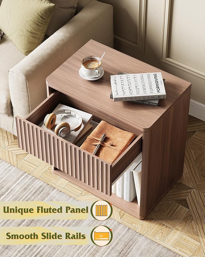 WLIVE Night Stand, Wood Nightstand with Storage Drawer and Open Shelf, Fluted Bedroom Nighstand, Mid Century Bed Side Table, End Tables Living Room, Dorm, Home Office, Carrocci Brown - Image 4