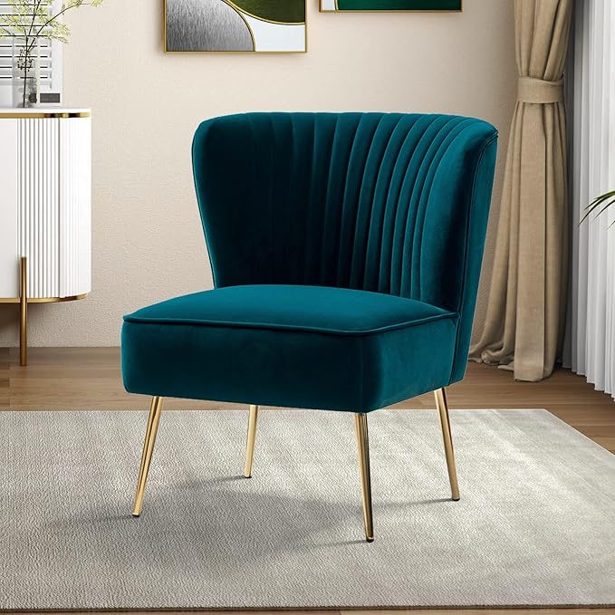 HULALA HOME Velvet Accent Chair, Modern Upholstered Cute Side Chair with Gold Metal Legs, Armless Wingback Slipper Chair Comfy Living Room Chair for Bedroom Guest Room Vanity, Teal
