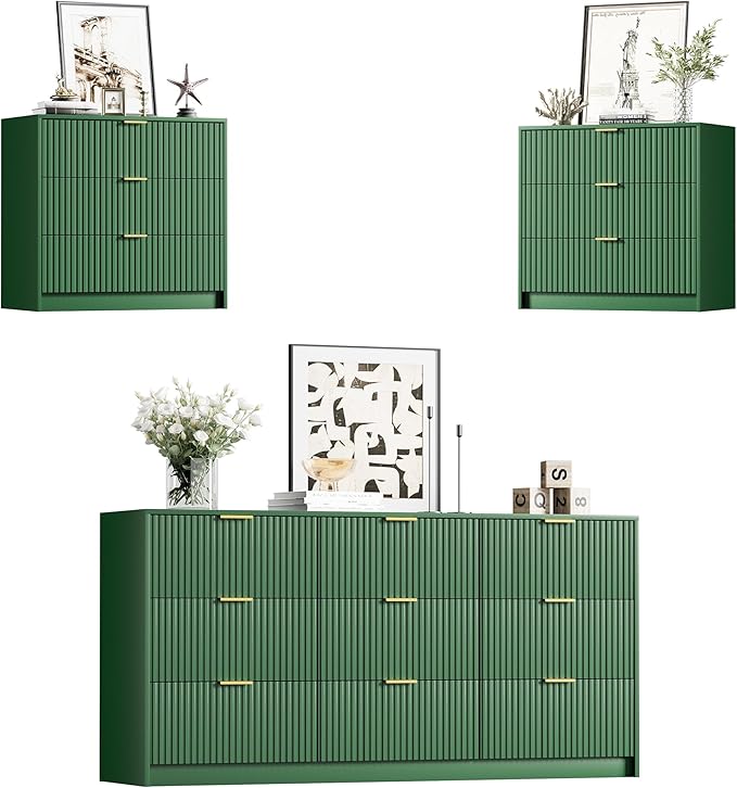 Furniway Green Dresser Bedroom Set 3 Pieces, Nightstands Sets of 2, 9 Drawer Dresser with Gold Handles for Bedroom