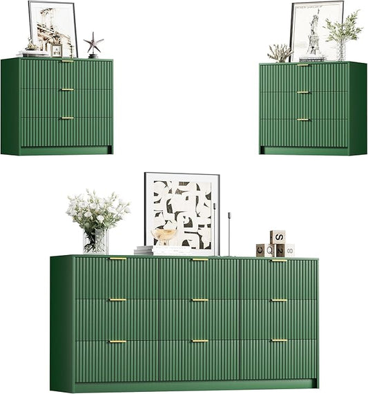 Furniway Green Dresser Bedroom Set 3 Pieces, Nightstands Sets of 2, 9 Drawer Dresser with Gold Handles for Bedroom