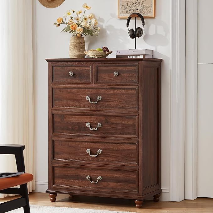 Joaxswe Farmhouse 6 Drawer Dresser for Bedroom, 42" Tall Rustic Chests of Drawers w/ 4 Solid Wood Feet, Mid Century Modern Wooden Closet Storage Dressers Organizer for Living Room, Hallway,Brown - Image 9