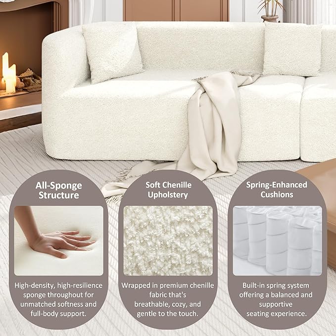 Merax Modern Minimalist Large 2-Piece Sectional Curved Chenille Sofa with 3 Pillows and High-Density Foam for Luxurious Comfort and Seamless, for Living Room, Bedroom, Beige