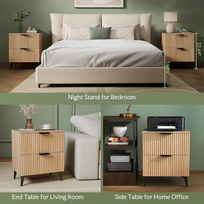 Wood Night Stand Set 2 Fluted Dresser for Bedroom 2 Drawers End Tables Nightstands Set of 2, Storage Modern Bedside Table Set of 2, Oak Nightstand - Image 3