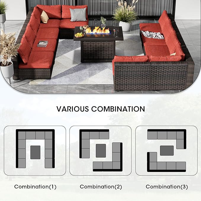11 Piece Patio Furniture Set with Fire Pit Table, Outdoor Sectional Sofa PE Rattan, Patio Conversation Sets with Cushions for Garden Lawn Balcony Porch Deck Red