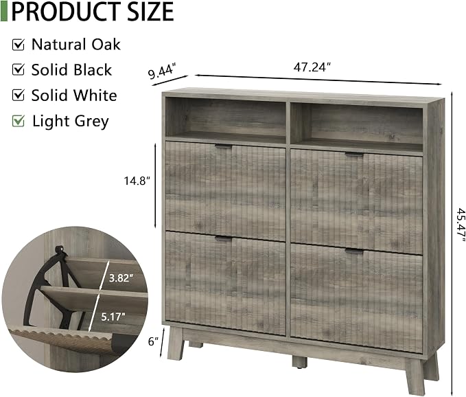 Xixini Shoe Cabinet with 4 Flip Drawers, 46" Tall Narrow Fluted Shoe Storage Organizer for Entryway, Hidden Slim Wooden Shoe Rack Cabinet for Front Door Entrance, Hallway, Living Room, Light Grey - Image 2
