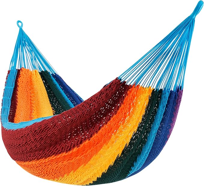 Lazy Daze Hammocks Handwoven Mayan Hammock, 10.5 FT Soft Rope Double Hammocks, Portable Outdoor Hammock with Carry Bag, 2 Straps & Carabiners for Patio Outside, 550 lbs Weight Capacity, Rainbow by LazyDazeHammocks