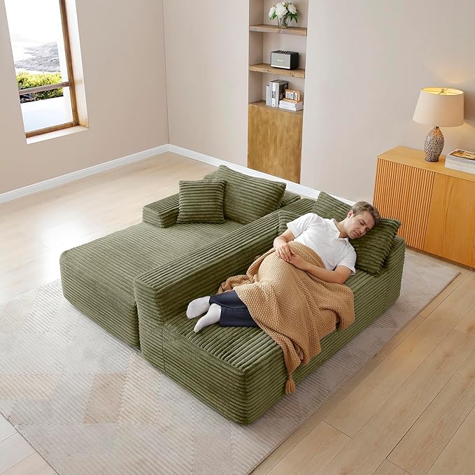 105-Inch L-Shaped Left Facing Corner Compressed Sofa Modular Sectional Boneless Cloud Sofa Floor Foam Couch with Chaise Lounge, Corduroy Corner Boneless Cloud Couch