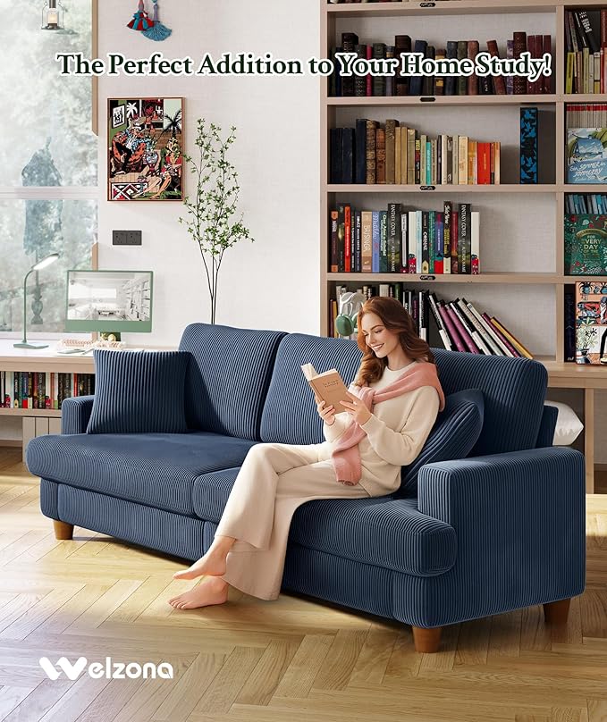 87.2" Couches for Living Room, Comfy Blue Couch 7.5" Extra Thick Cushion, Sofas for Living Room Tool-Free Setup, Loveseat Sofa 848lbs Support, Corduroy Couch for Bedroom, Apartment, Office