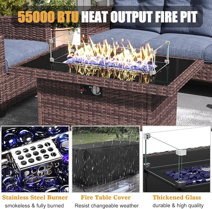 LayinSun 5 Pieces Patio Furniture Set with Swivel Chairs, Rattan Wicker Rocking Glide Chairs with 44" Propane Gas Fire Pit Table Conversation Set