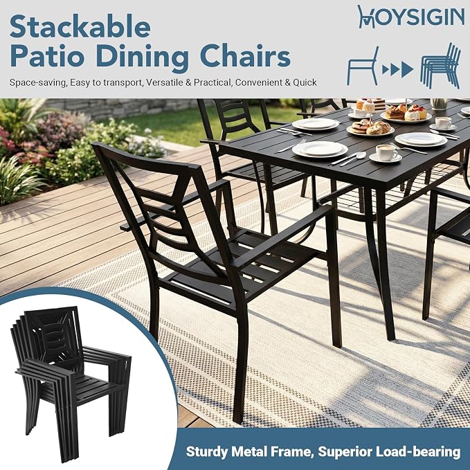 9 Piece Outdoor Patio Dining Sets, 77" Rectangular Metal Dining Table with Umbrella Hole & 8 Stackable Metal Chairs, Weather Resistant Garden Furniture Set for Backyard, Deck, Porch - Image 7