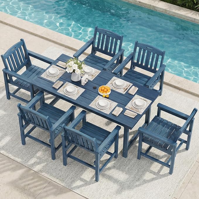 Mdeam 7-Piece HIPS Outdoor Dining Set, 66.9" Patio Table with Umbrella Hole, 440LBS Capacity, 6 Wider Chairs, Dining Table Set for 6, Indoor Outdoor Furniture with Galvanized Steel Frame, Navy Blue by MDEAM