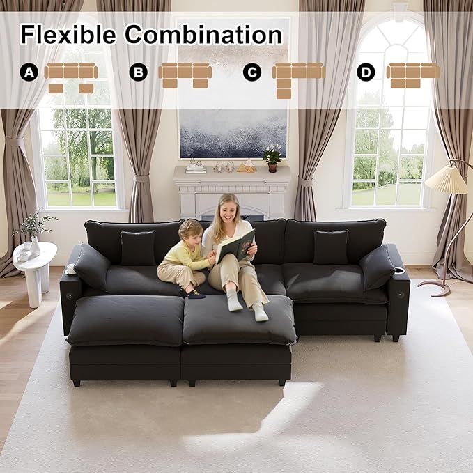 116" Modular Sectional Sofa, U Shaped Cloud Couch with Movable Ottoman, Chenille Deep Seat Cloud Sofa with Charging Station, Cup Holder, Side Pocket, Sectional Couches for Living Room, Black