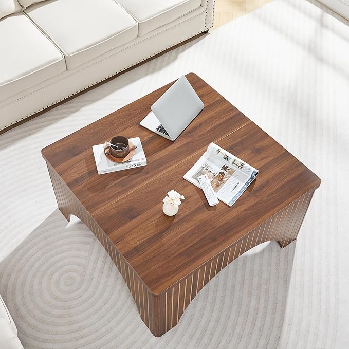 Square Coffee Table, 39'' Large Lift Top Coffee Table with Flip-Top Hidden Compartment Farmhouse Fluted Center Table Wooden Tea Table for Living Room, Apartment, Office (Walnut)