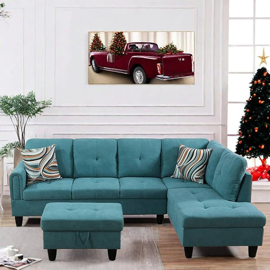 FONTOI L Shaped Sectional Couch with Otttoman, 97" Sectional Sofa for Living Room Flannel Modular Couches with Cup Holders for Bedroom, Apartments, Blue