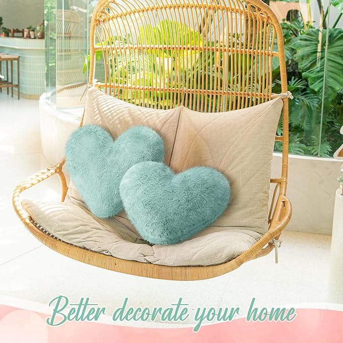 Marsui 2 Pcs Heart Throw Pillows, Soft Fluffy Faux Fur Decorative Hearts Shaped Pillows for Living Room Sofa Bed, Cute Heart Themed Gift for Women(Sage Green,11.81 x 11.02 Inch)