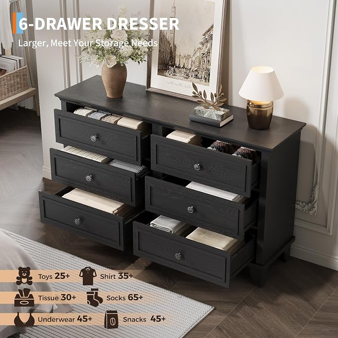 GAOMON Dresser for Bedroom, 6 Drawer Wide Dresser Storage Organizer, Modern Wooden Chest of Drawers with Metal Handles for Hallway, Entryway, Home Office, Black - Image 4