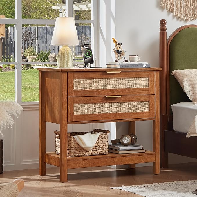 LEYAOYAO 31.5" Wide Rattan Night Stand with Charger Station, Oversized Large Boho Nightstand with 2 Drawer, Tea Brown Bed Side End Tables, Tall Bedside Table for Bedroom Living Room, Hallway - Image 9