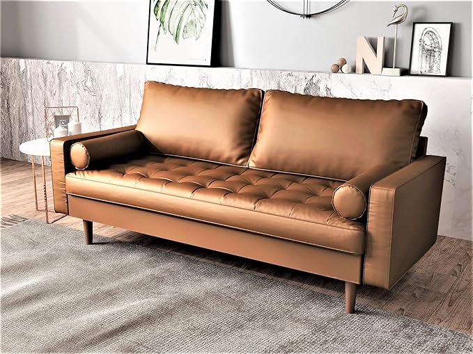 Womble Mid Century Modern Couch with Bolster Pillows, PU Leather Upholstered Tufted Seat, Versatile Retro Design for Comfortable Living Spaces, Loveseat, Sofa, Brown