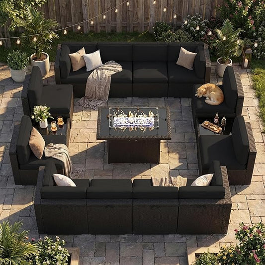 15 Pieces Patio Furniture Set with 44" Propane Gas Fire Pit Table, Outdoor Sectional Wicker Conversation Sofa Sets with Coffee Table