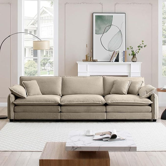 KEIKI 115" Oversized Corduroy Modular Sectional Cloud Sofa with High-Density Foam Cushions, Removable Armrests, Upholstered Modern 3-Seater Fluffy Corner Couch with 5 Pillow, for Living Room, Tan