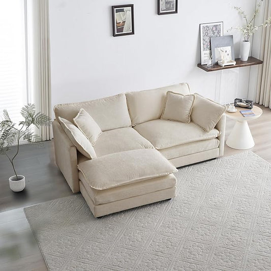 KEIKI Loveseat Sofa, Upholstered 2 Seater Couch with 1 Footrest, Oversized L-Shaped Sectional Sofa with Ottoman for Living Room Bedroom Office, Beige