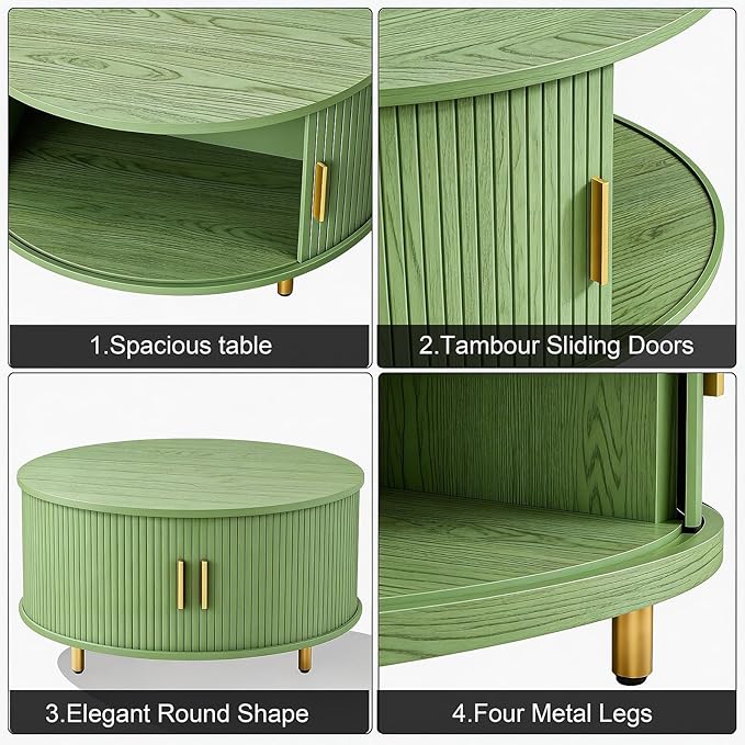 DHH Round Coffee Table, 31.5" Mid Century Modern Coffee Table with 360° Sliding Tambour Door, Fluted Accent Table with Storage Adjustable Footpads for Living Room (Green)