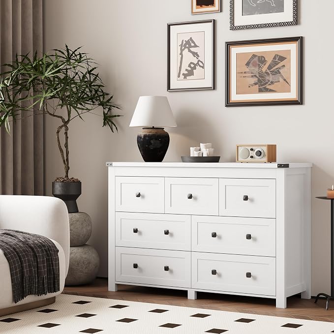 Dresser for Bedroom with 7 Drawers, Farmhouse Wood Chest of Drawers, Wide TV Stand Closet Storage Furniture with Metal Handle, Modern Clothes Organizer for Hallway, Living Room, Entryway, White - Image 2