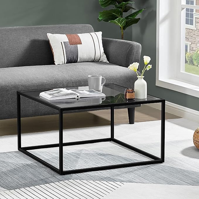 SAYGOER Glass Coffee Table, Small Modern Coffee Table Square Simple Center Tables for Living Room 26.7 x 26.7 x 17.7 Inches, Gray Black