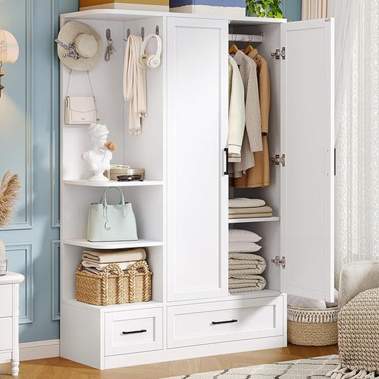 DynJest Armoire Wardrobe Closet with 2 Drawers, 70" Tall Clothing Storage Cabinet with Hanging Rod, 3 Open Shelves & 5 Hooks, 2 Doors Large Capacity Wooden Wardrobe Cabinet for Bedroom, White