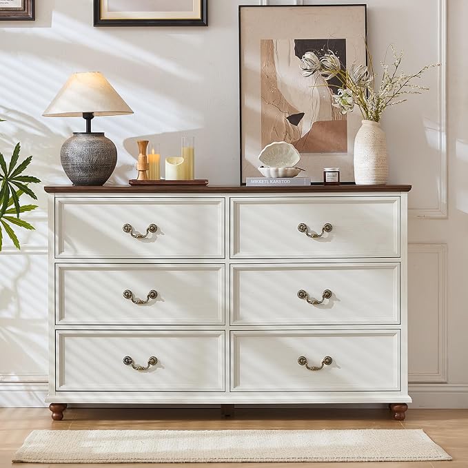 Joaxswe Farmhouse 6 Drawers Dresser for Bedroom, Vintage 54" Wide Chest of Drawers w/ 4 Wooden Legs, Rustic Large Closet Storage Dressers Organizer for Hallway, Wood TV Stand for Living Room, White - Image 8