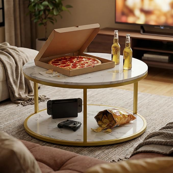 JUMMICO 36" Coffee Tables with Storage, 2-Tier Round Coffee Table, Center Table for Living Room, Furniture for Small Spaces, White Marble