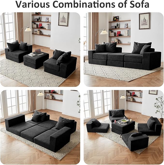 Modular Sectional Loveaeat Cloud Sofa, Boneless Couch with Non Slip Base, Cozy Sleeper Sofa for Customizable Living Spaces, Modern Modular Couch with L-Shape Chaise, Deep Seat & No Assembly, Black