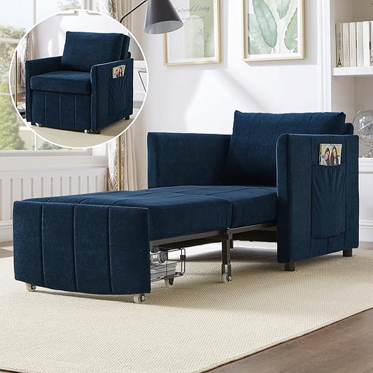 Merax Convertible Chair Bed with a Storage Basket, 3-in-1 Pull Out Sleeper Couch with 5-Position Adjustable Backrest, Linen Folding Sofa Bed for Living Room, Apartment Blue