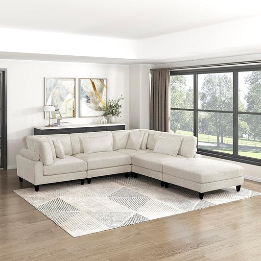 Lexicon 120 Inch Modular Sectional Sofa - Oversized 5 Seater Microfiber L Shaped Sectional Couch with Ottoman, 6 Accent Pillows, and Flexible Arrangement for Modern Living Rooms, Beige
