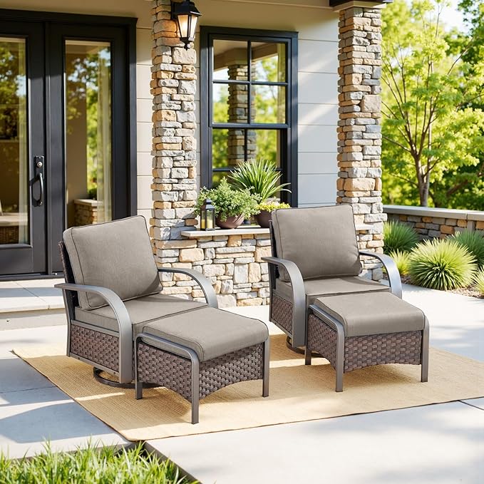 Belord 4 Pieces Patio Furniture Sets - Swivel Rocker Outdoor Chairs with Ottomans, All Weather Wicker Swivel Furniture Glider Seating Set for Porch Deck Sunroom Backyard