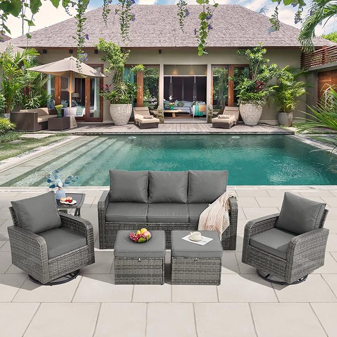 6 Pieces Wicker Patio Furniture Sets, Outdoor Conversation Set PE Rattan Sectional Sofa Couch with Swivel Chairs Ideal for Indoor Porch Deck Bistro Lawn Garden Backyard Poolside-Grey