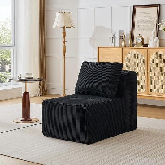 Modular Sectional Sofa, Boneless Couches for Living Room, Corduroy Couch, Big Comfy Couch, Modular Cloud Sofa with Deep Seat (Black, 1 Piece-Middle Seat)