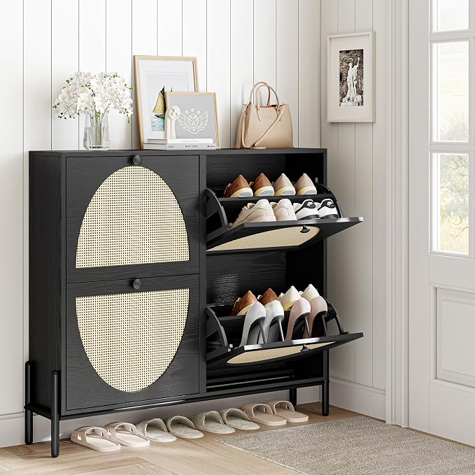 IRONCK Rattan Shoe Cabinet Storage with 4 Flip Drawers, Freestanding Shoe Storage Organizer Cabinet for Entryway, Narrow Shoe Rack Cabinet, Matte Black - Image 2