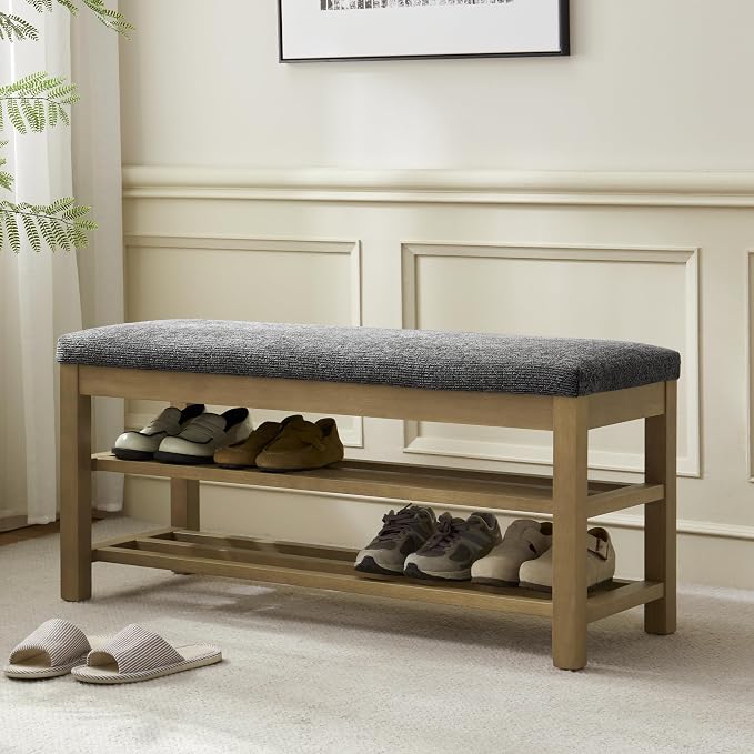 VKNOW 44.3” Wooden Entryway Bench, 2-Tier Upholstered Shoe Storage Bench for Bedroom, Storage End of Bed Bench with Rubberwood Legs for Living Room, Hallway, Black by VKNOW