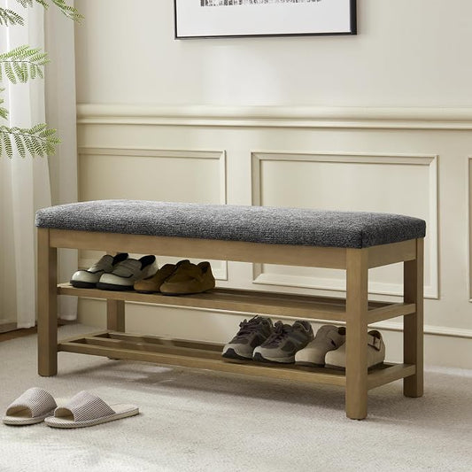 VKNOW 44.3” Wooden Entryway Bench, 2-Tier Upholstered Shoe Storage Bench for Bedroom, Storage End of Bed Bench with Rubberwood Legs for Living Room, Hallway, Black by VKNOW