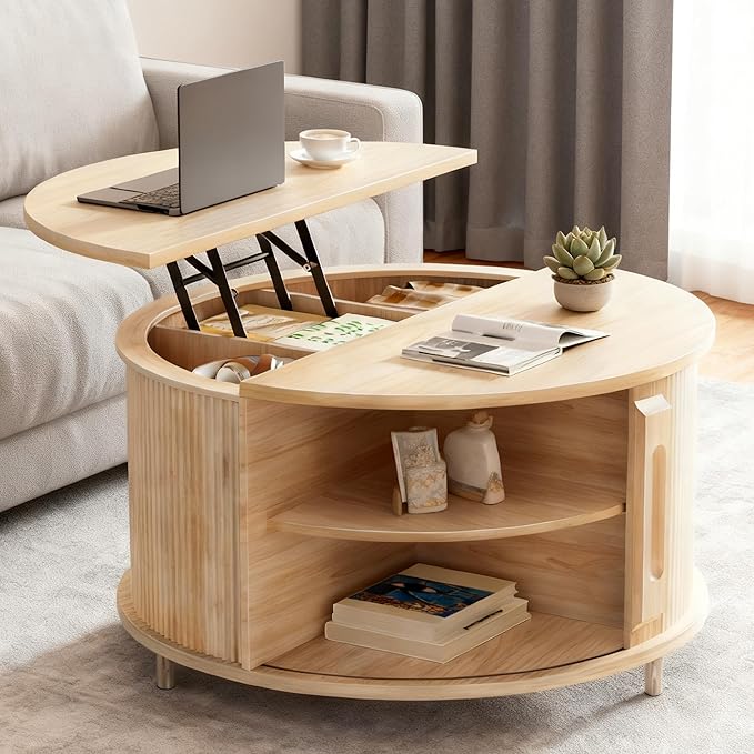 Round Lift Top Coffee Table, 31.5" Fluted Wood Accent Coffee Table with 180° Curved Sliding Door, Hidden Storage, Mid Century Modern Center Table for Living Room Office Small Spaces, Oak